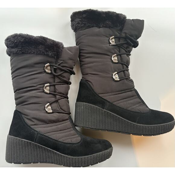 Totes Winter Boots Womens 6 Black Wedge Faux Fur Snow Waterproof Liz - Picture 3 of 5